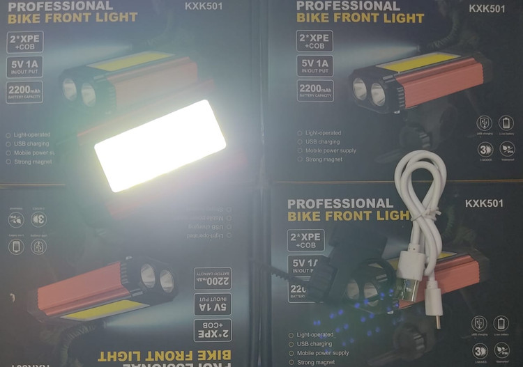چراغ جلو دوچرخه LED شارژی پرنور مدل KXK501 | نصب آسان | ضد پاشش آب