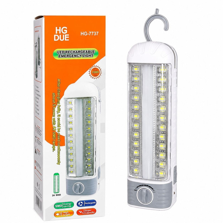 چراغ اضطراری شارژی ایستاده کمپینگ نور قوی HG DUE مدل HG-7737 اصلی چراغ شارژی LED دو حالته دیمر دار مناسب برای قطعی برق