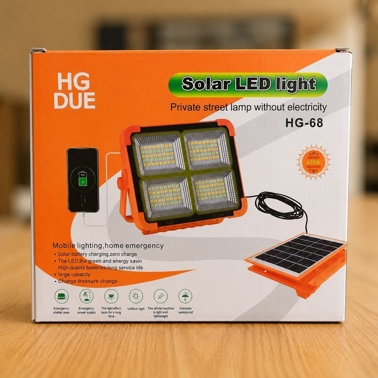 پروژکتور خیابانی 400 وات خورشیدی شارژی ضدآب HG DUE مدل HG-68 اصلی پاور بانک قوی، پنل خورشیدی جداشونده، شارژ Type-C، با