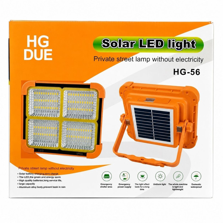 پروژکتور شارژی خورشیدی ضد آب HG DUE مدلHG-56 اصلی پاوربانک قوی، نورافکن خورشیدی، دارای 264 LED مناسب برای کمپینگ قطع برق