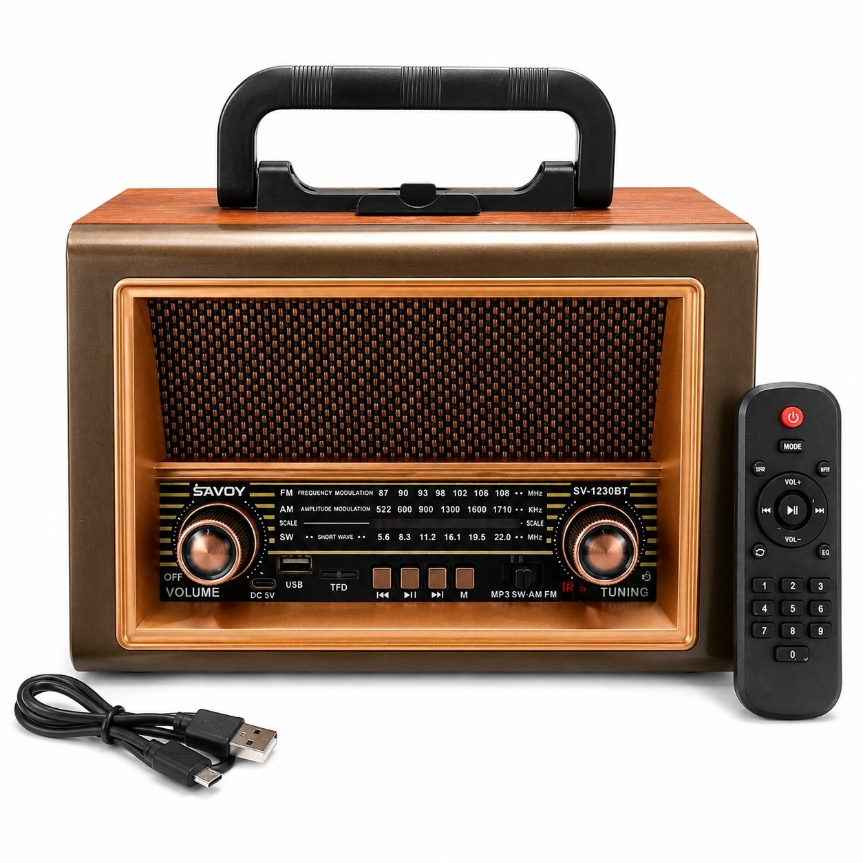 رادیو اسپیکر قابل حمل ساووی SAVOY مدل SV-1230BT بلوتوث، USB، TF، ریموت کنترل، باتری داخلی، گیرنده FM AM SW سایز بزرگ