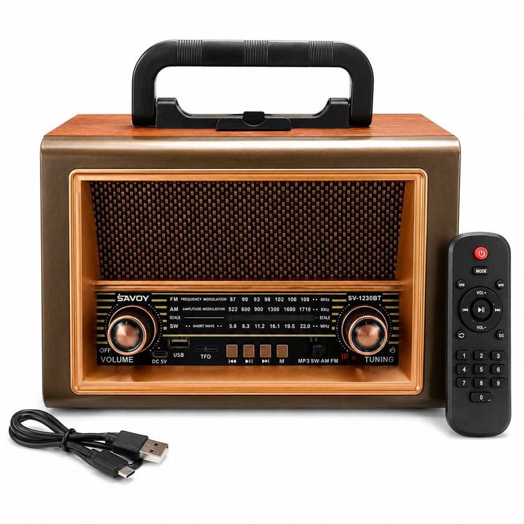 رادیو اسپیکر قابل حمل ساووی SAVOY مدل SV-1230BT بلوتوث، USB، TF، ریموت کنترل، باتری داخلی، گیرنده FM AM SW سایز بزرگ