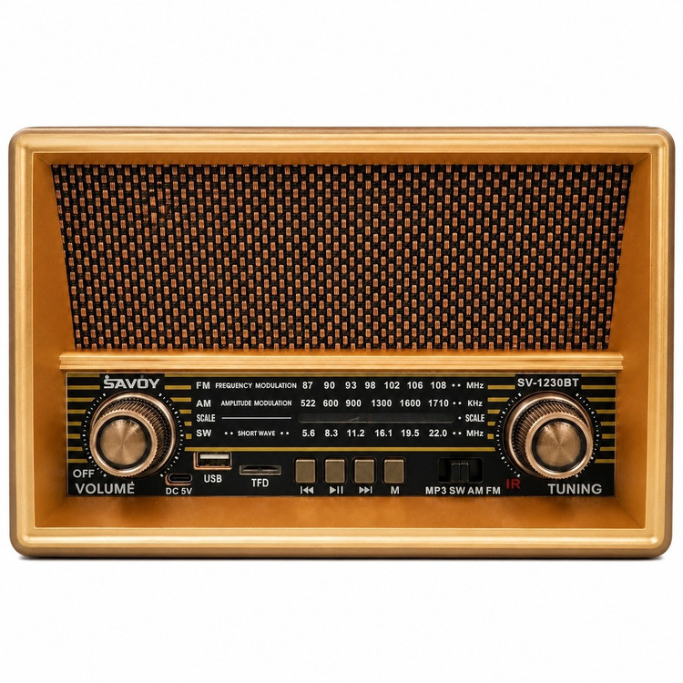 رادیو اسپیکر قابل حمل ساووی SAVOY مدل SV-1230BT بلوتوث، USB، TF، ریموت کنترل، باتری داخلی، گیرنده FM AM SW سایز بزرگ