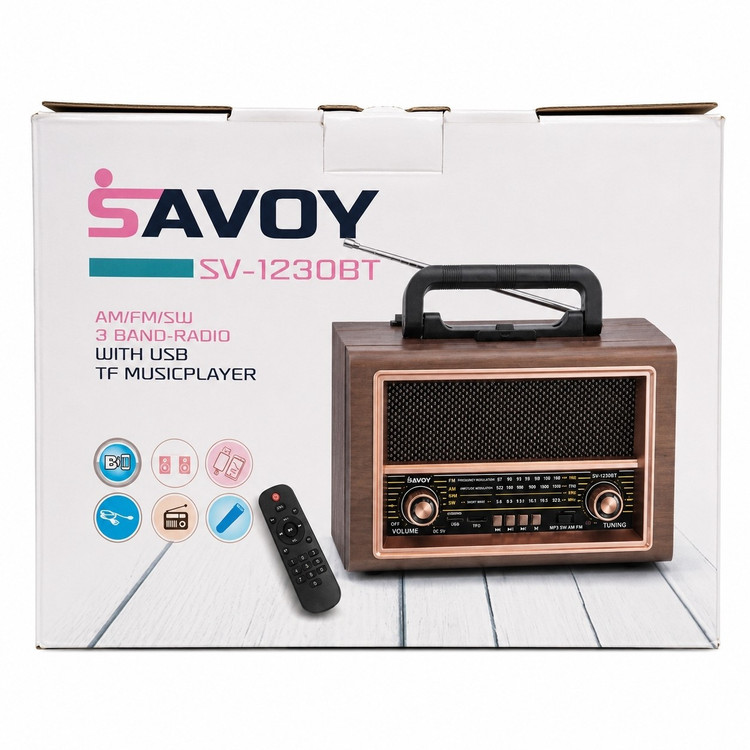 رادیو اسپیکر قابل حمل ساووی SAVOY مدل SV-1230BT بلوتوث، USB، TF، ریموت کنترل، باتری داخلی، گیرنده FM AM SW سایز بزرگ