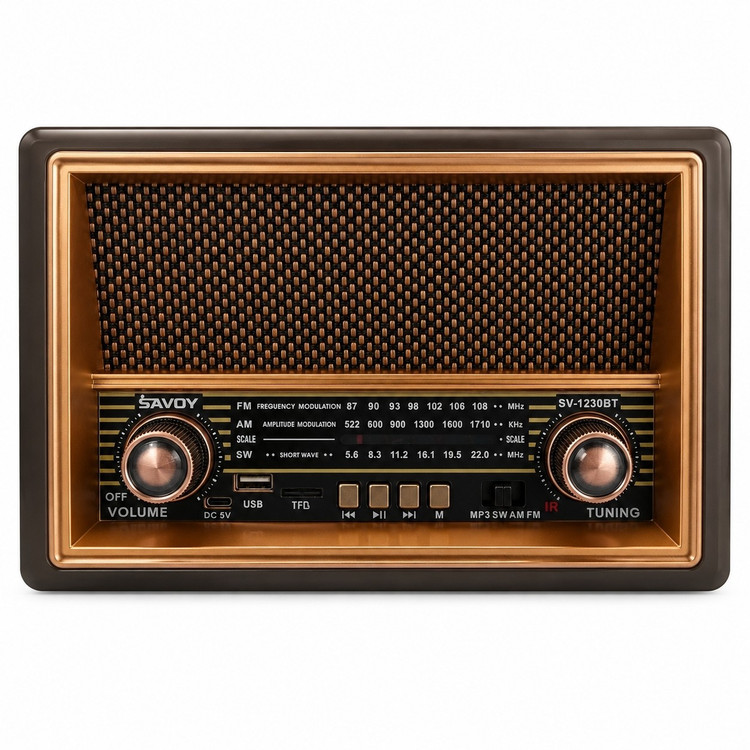 رادیو اسپیکر قابل حمل ساووی SAVOY مدل SV-1230BT بلوتوث، USB، TF، ریموت کنترل، باتری داخلی، گیرنده FM AM SW سایز بزرگ