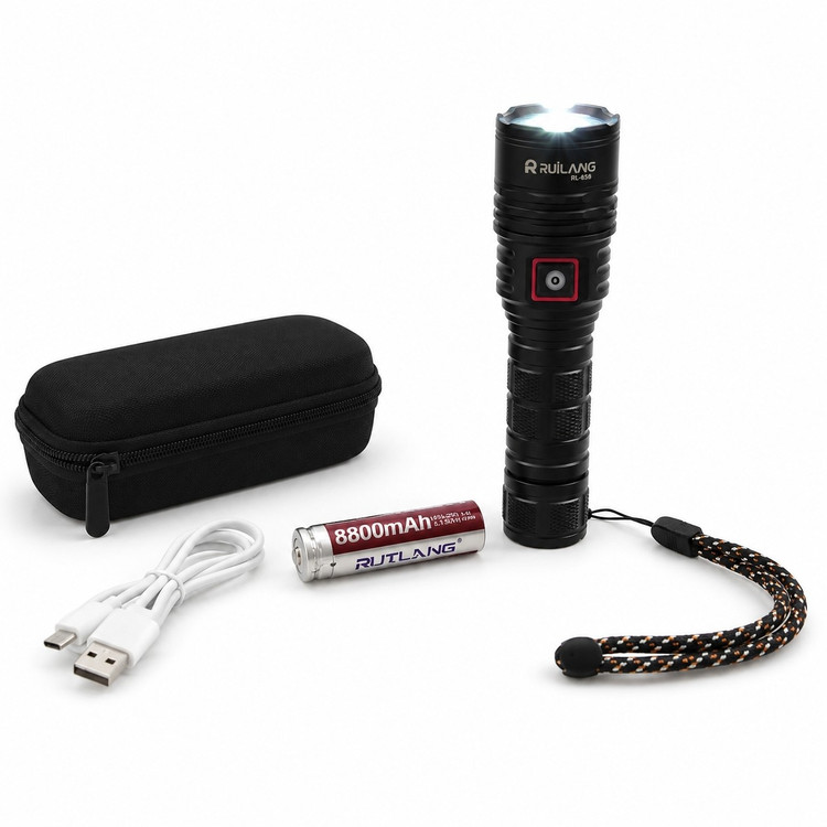 چراغ قوه شارژی حرفهای رویلانگ مدل RL-813 اصلی برد نور 700 متر باتری 8800 میلیآمپرساعت، بدنه آلومینیومی مقاوم مناسب