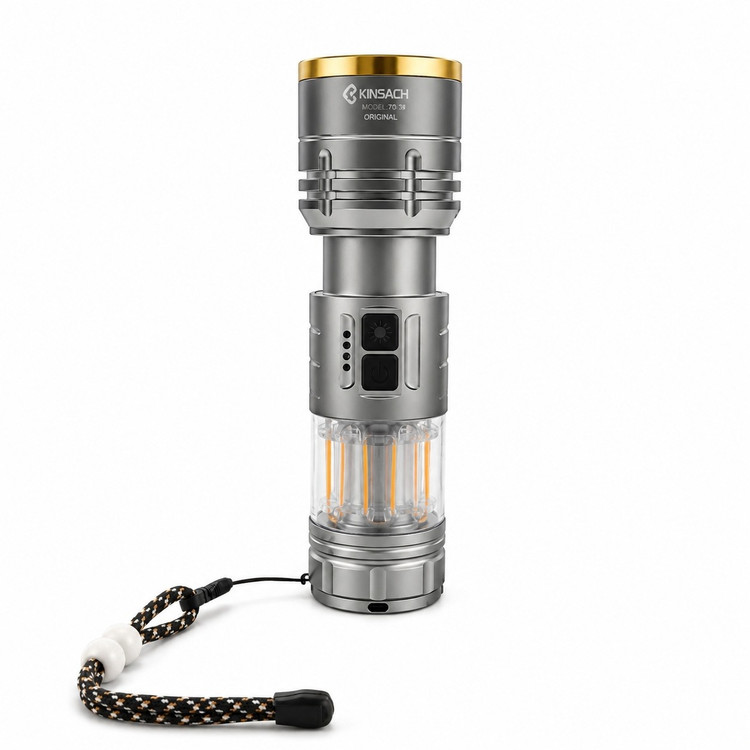 چراغ قوه شارژی حرفه ای کینساچ مدل KS-183 اصلی با نور قدرتمند 4000 لومن، برد تا 1 کیلومتر، دارای لامپ LED و چراغ جانبی فا