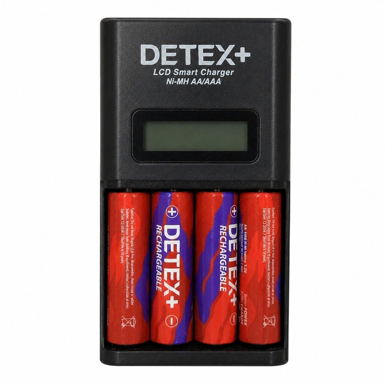 شارژر هوشمند باتری قلمی و نیم قلمی DETEX+ LCD به همراه 4 عدد باتری قلمی شارژی AA قابلیت قطع اتوماتیک