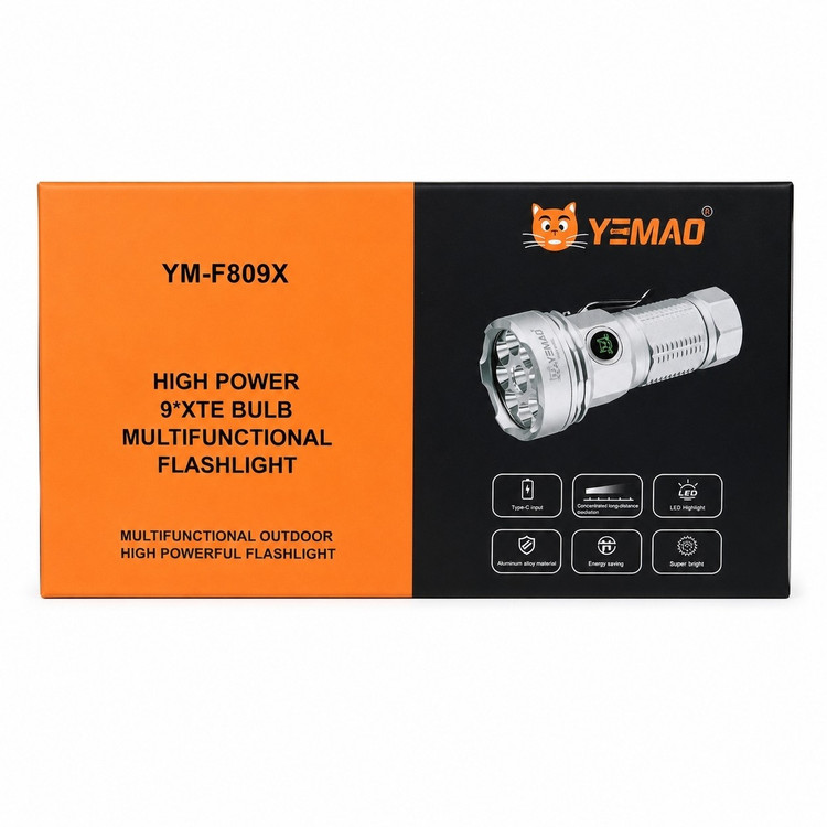 چراغ قوه شارژی اصلی YEMAO مدل YM-F809X ارای 9 لامپ XTE همراه 2 باتری لیتیومی آهنربایی شارژ Type-C نور فوقلعاده