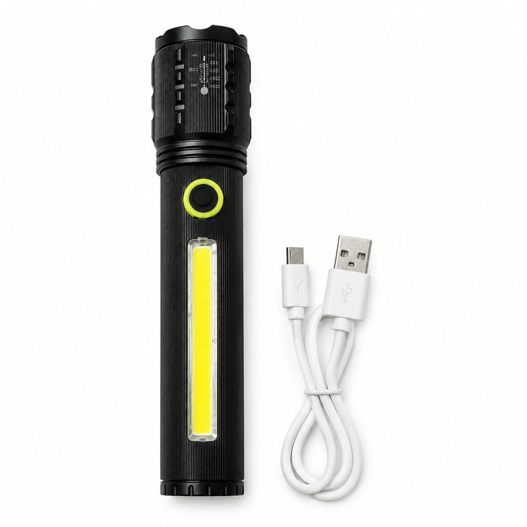 چراغ قوه شارژی LED COB مدل چندکاره نور قوی با قابلیت زوم شارژ Type-C مناسب کمپینگ خودرو