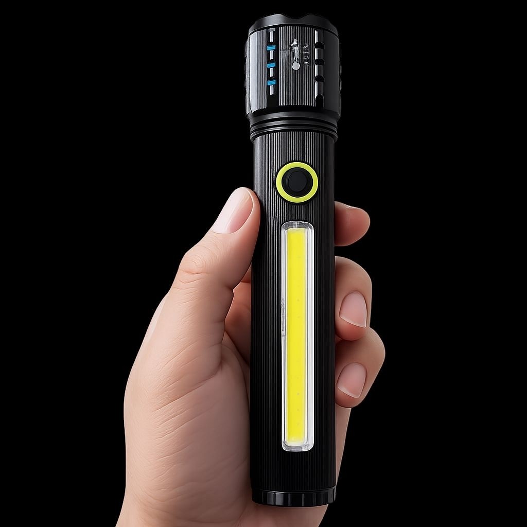 چراغ قوه شارژی LED COB مدل چندکاره نور قوی با قابلیت زوم شارژ Type-C مناسب کمپینگ خودرو
