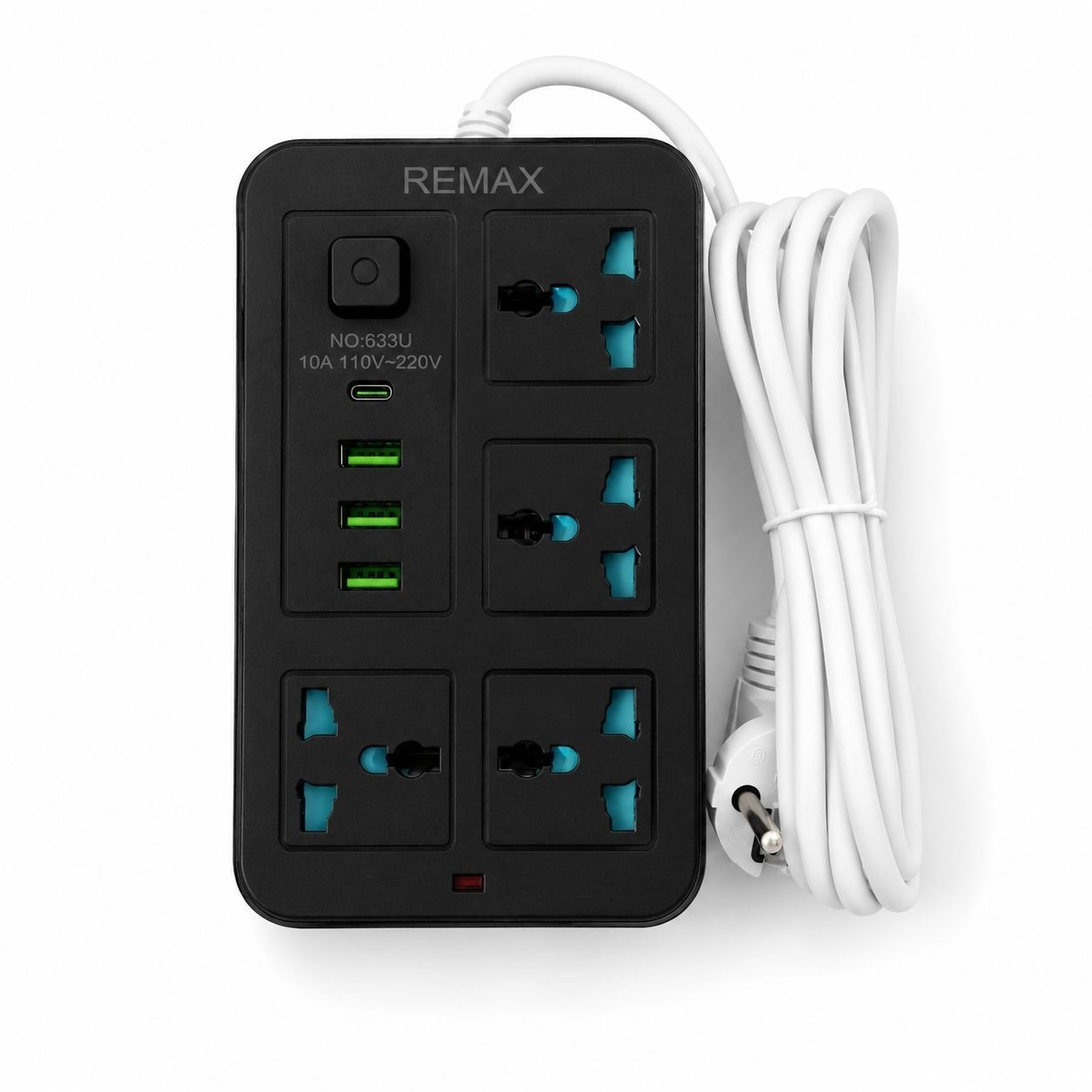 چندراهی و محافظ برق ریمکس مدل 633U اورجینال با 4 پریز برق یونیورسال + یک USB 3 + Type-C