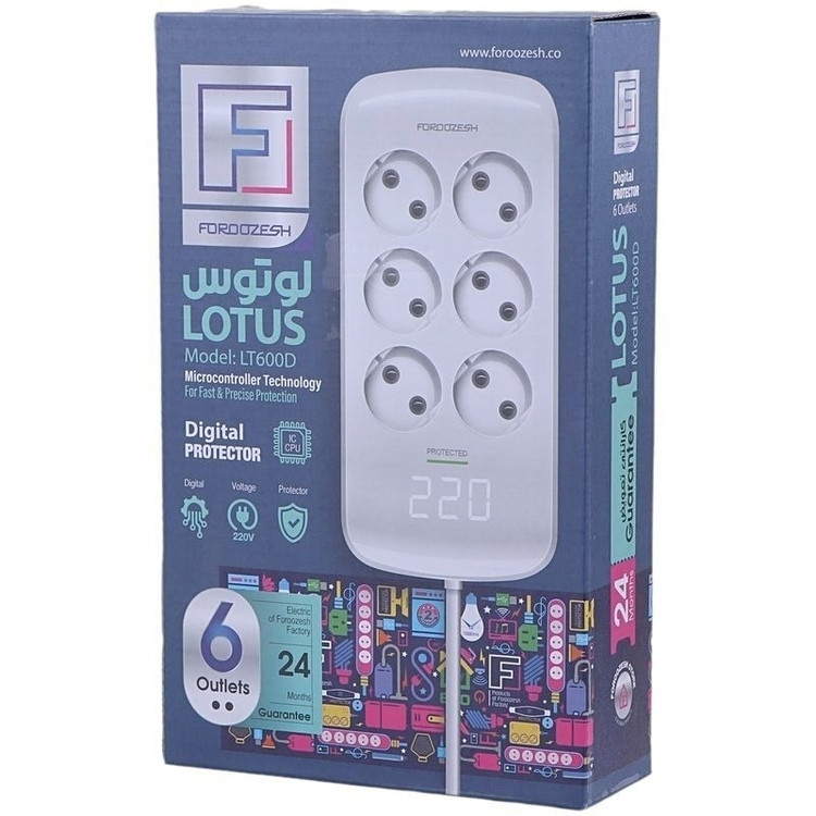 محافظ برق ارت دار صوتی تصویری 6 خانه دیجیتال لوتوس فروزش مدل LT600D با کابل 2.8 متری و تایمر دیجیتال