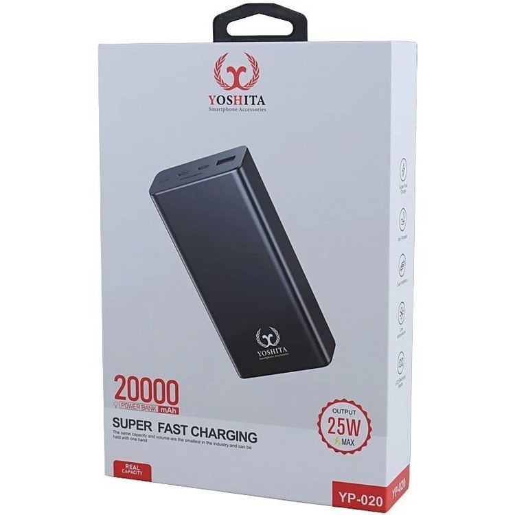 پاوربانک فست شارژ 25 وات با ظرفیت 20000mAh یوشیتا مدل Yoshita YP-020 اصلی سایز بزرگ، ظرفیت واقعی 20000، نمایشگر LCD، منا