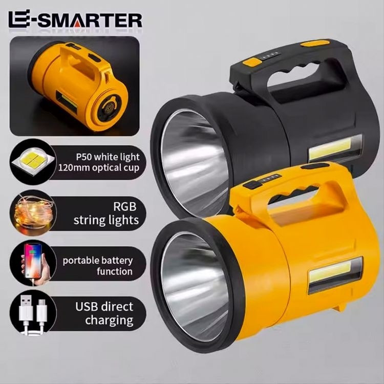 چراغ قوه دستی شارژی پاوربانک و ریسهدار مدل W5206-2 اصلی چراغ کمپینگ قدرتمند با ریسه RGB ده متری