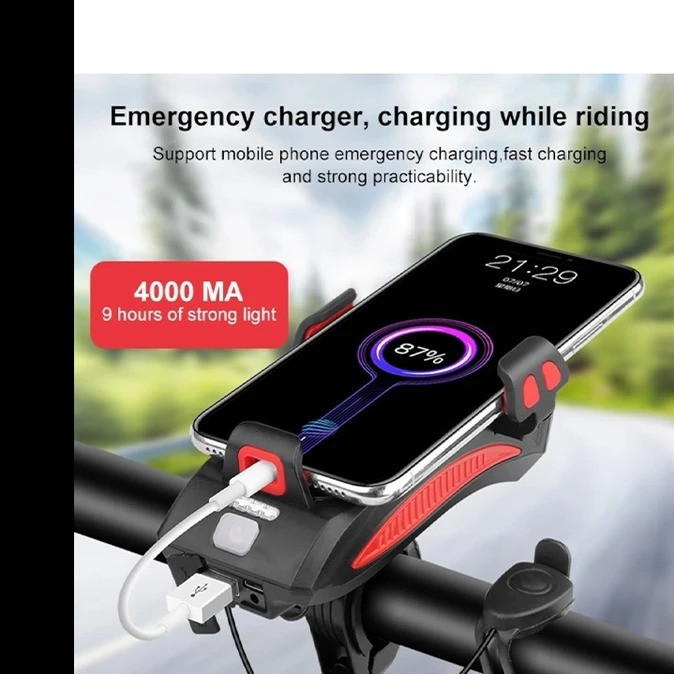 چراغ جلوی دوچرخه مدل 319B بوقدار با هولدر موبایل و پاوربانک 2400mAh