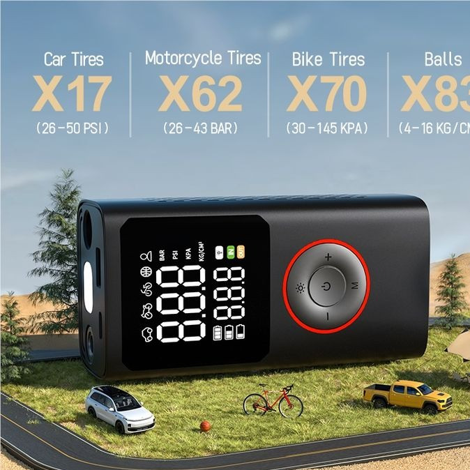 کمپرسور باد شارژی چراغدار دیجیتال 80 وات مدل ATJ-005اصلی قابلیت تنظیم فشاربرای وسایل مختلف برای خودرو دوچرخه موتور و توپ