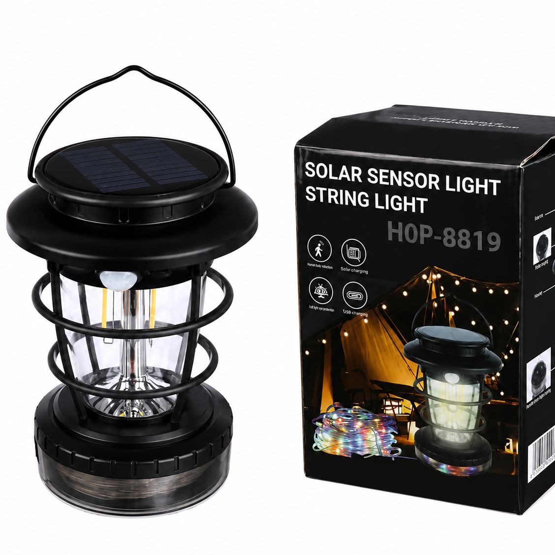 چراغ فانوسی ریسهدار مدل HOP-8819 ریسه 10 متری RGB، سنسور حرکتی، 500 لومن، شارژ خورشیدی و Type-C