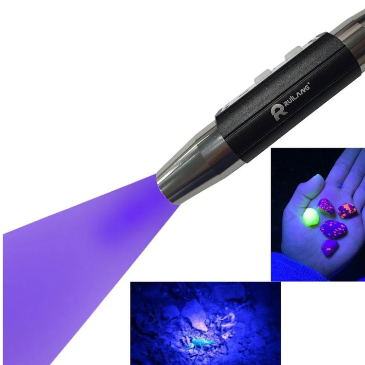 چراغ قوه یووی 6 لامپ با نمایشگر شارژ رویلانگ مدل RL-DF11 اصلی UV365 و UV395مناسب سنگ شناسی، جواهر شناسی