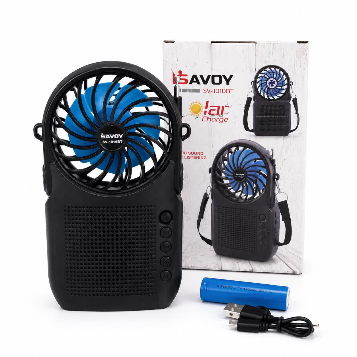 رادیو پنکه شارژی خورشیدی اسپیکر دار بلوتوثی فلش و رم خور با قابلیت پاوربانک SAVOY مدل SV-1010BT پک 10 عددی