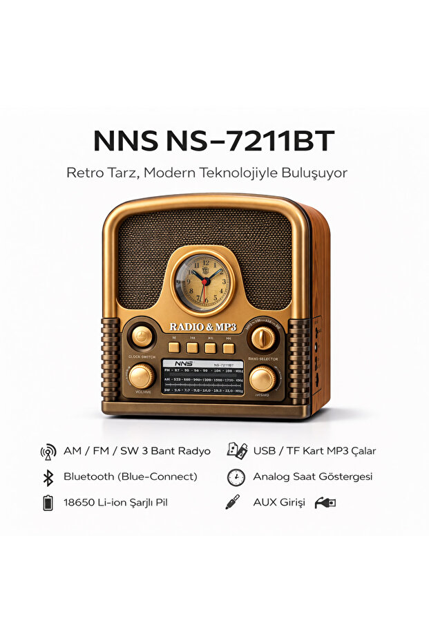 رادیو رترو اناس مدل NS-7211BT با ساعت، بلوتوث و اسپیکر قدرتمند (3 موج)