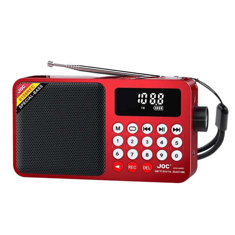 رادیو اسپیکر جیبی بلوتوثی JOC مدل H6108 REC با قابلیت ضبط صدا، صفحه نمایش دیجیتال، چراغ قوه و باتری ۱۸۶۵۰