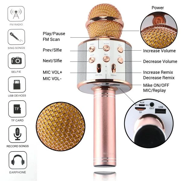 میکروفون اسپیکر بلوتوثی کارائوکه گودفری GOODFREY مدل WS-858 با قابلیت اکو، ضبط صدا و تغییر صدا
