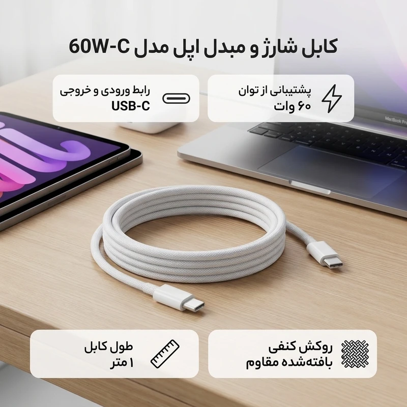 کابل شارژکنفی و دیتااپل USB-C به USB-C مدل ۶۰ وات اورجینال با طول ۱ متر MQKJ3ZM/A