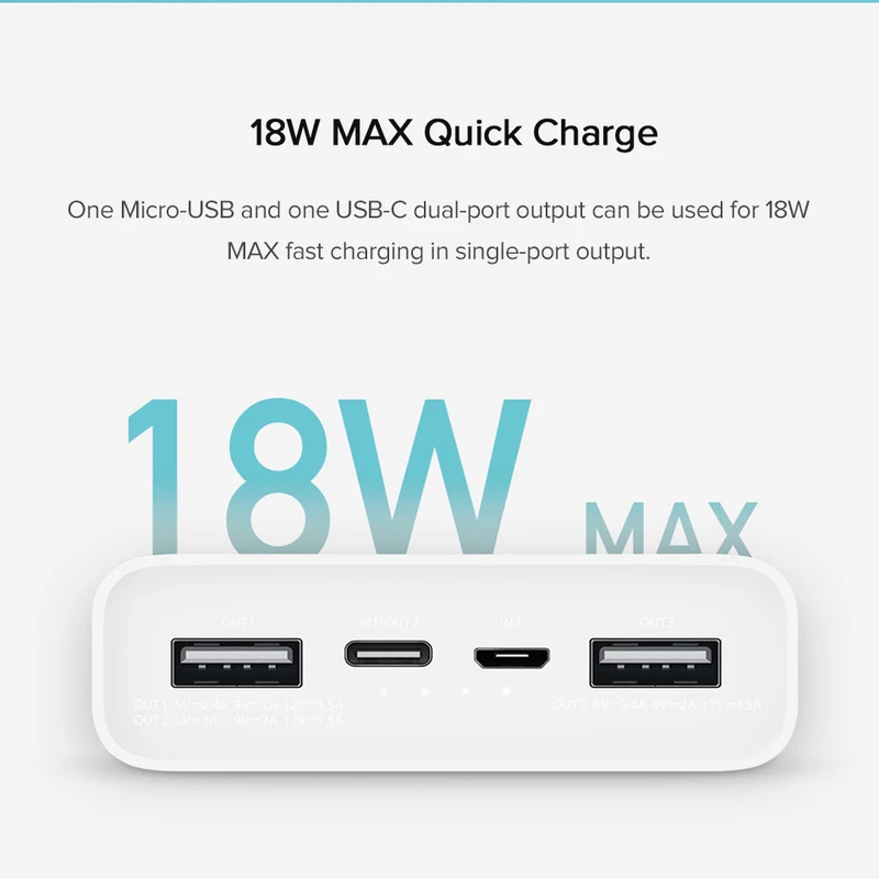 پاوربانک ۲۰۰۰۰ میلیآمپر شیائومی مدل Xiaomi Mi Power Bank 3 PLM18ZM فست شارژ ۱۸ وات دوطرفه